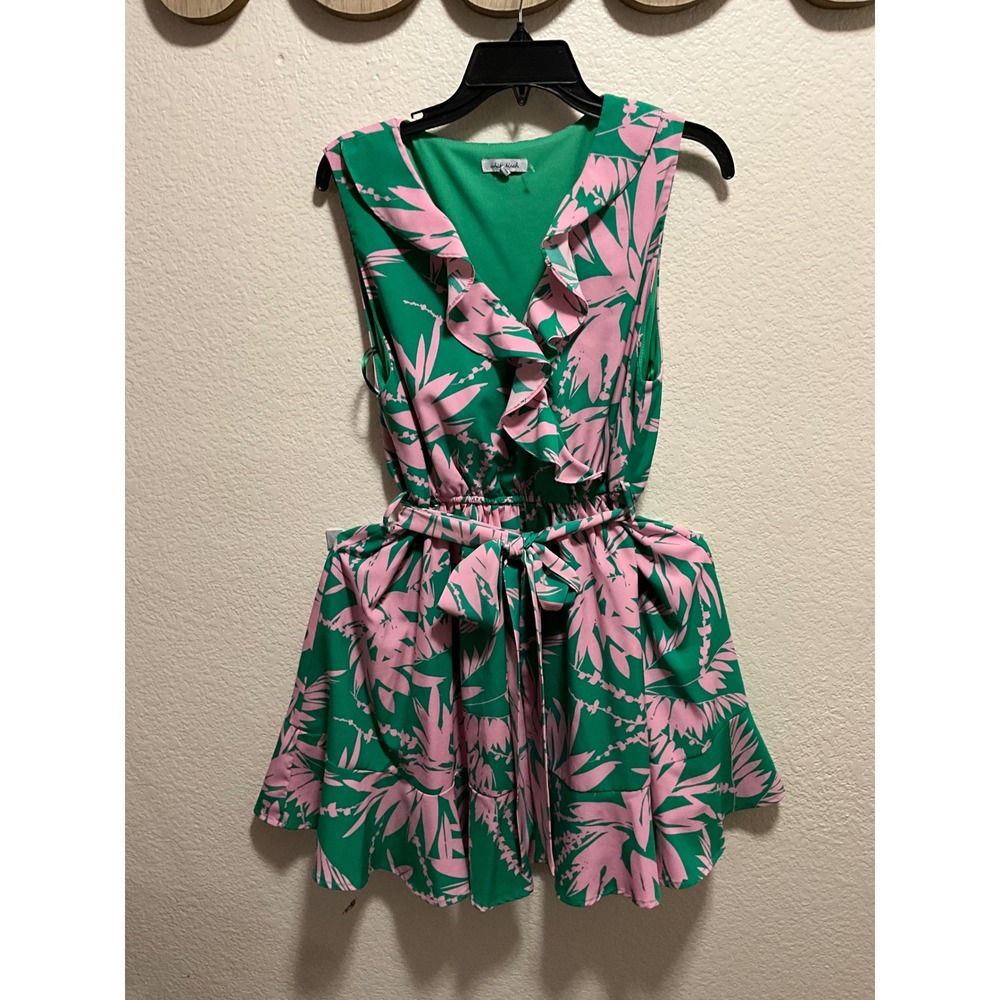 White Birch Tropical Leaf Print Ruffle V-Neck Tie Waist Dress Green Pink L